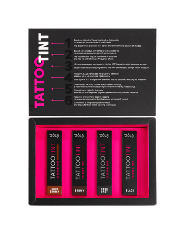 ZOLA TATTOO TINT rinkinys – šviesiai ruda, ruda, tamsiai pilka ir juoda