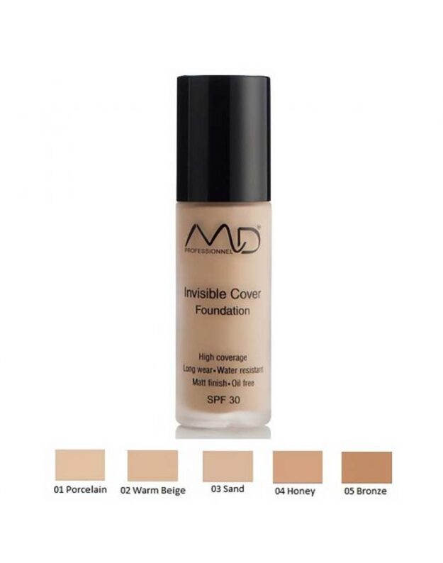 MD PROFESSIONNEL makiažo pagrindas INVISIBLE COVER FOUNDATION, 30 ml, įv. spalvų